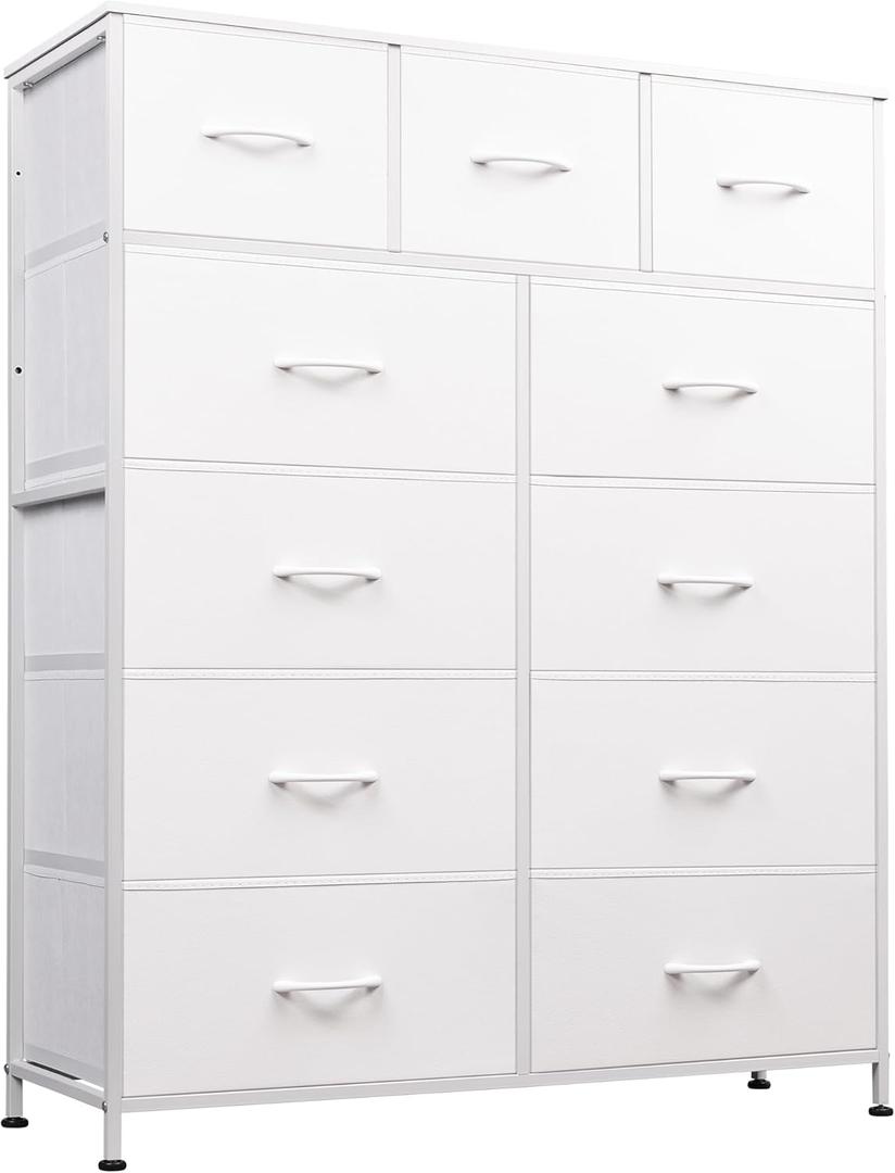 WLIVE Tall Dresser for Bedroom, Fabric Dressers Storage Tower, Dresser & Chest of Drawers Organizer Unit with 11 Drawers, Storage Cabinet, Hallway, Closets, Steel Frame, Wood Top (White)