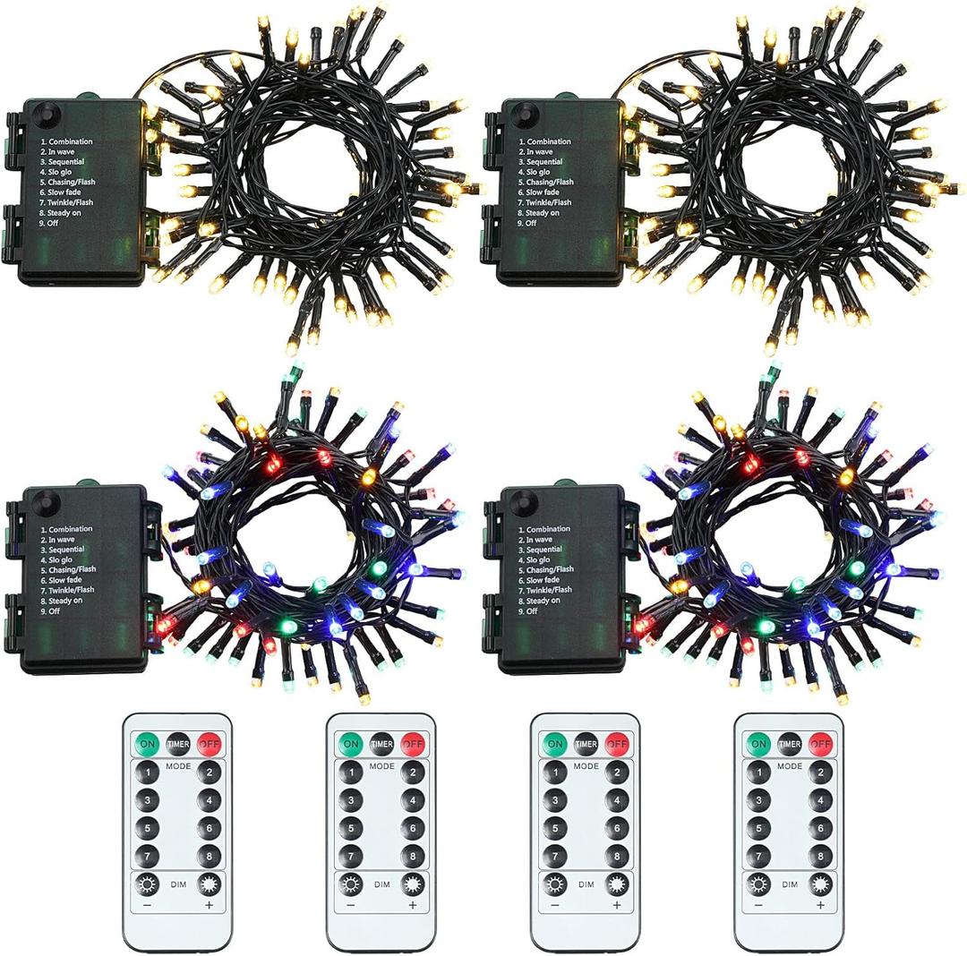 Tuanse 4 Pack Battery Operated Outdoor Christmas Tree String Lights,16.4 ft Mini Light Outdoor Christmas Lights with 50 Led of Dark Green Cable Lighting for Bedroom Garden Yard (RGB Flashing Light)