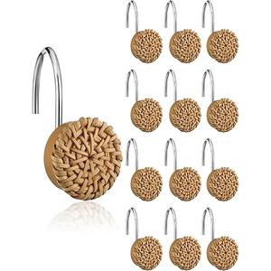 24 Pcs Boho Knots Shower Curtain Hooks Wood Decorative Shower Rings Woven Round Log Shower Curtain Hangers Artificial Wicker Ratten Decorative for Bathroom Farmhouse Curtain Hangers Accessories