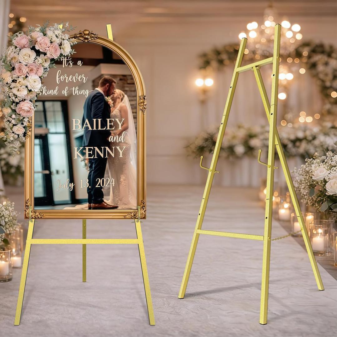 Gold Easel Stand for Sign, Heavy Duty Metal Display Easel with Adjustable Chain, 4-Tier Art Easel for Painting, Wedding Sign, Posters & Commercial Display, 33.5 x 20.1 x 47 inches