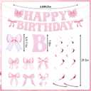 106 Pcs Pink Bow Party Decorations Cute Bow Coquette Supplies for Princess, Bridal Party with Pink Banner, Hanging Swirls, Cake and Cupcake Toppers, Balloons and Stickers(Birthday)