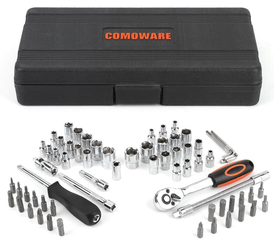 COMOWARE 69pcs Small Socket Set (1/4'' & 3/8''), Metric & Standard Socket Wrench Set, Ratchet Wrenches Set with Extension Bar, 72T Ratchet Wrench, Ratchet Sets for Auto Repairing & Home Use