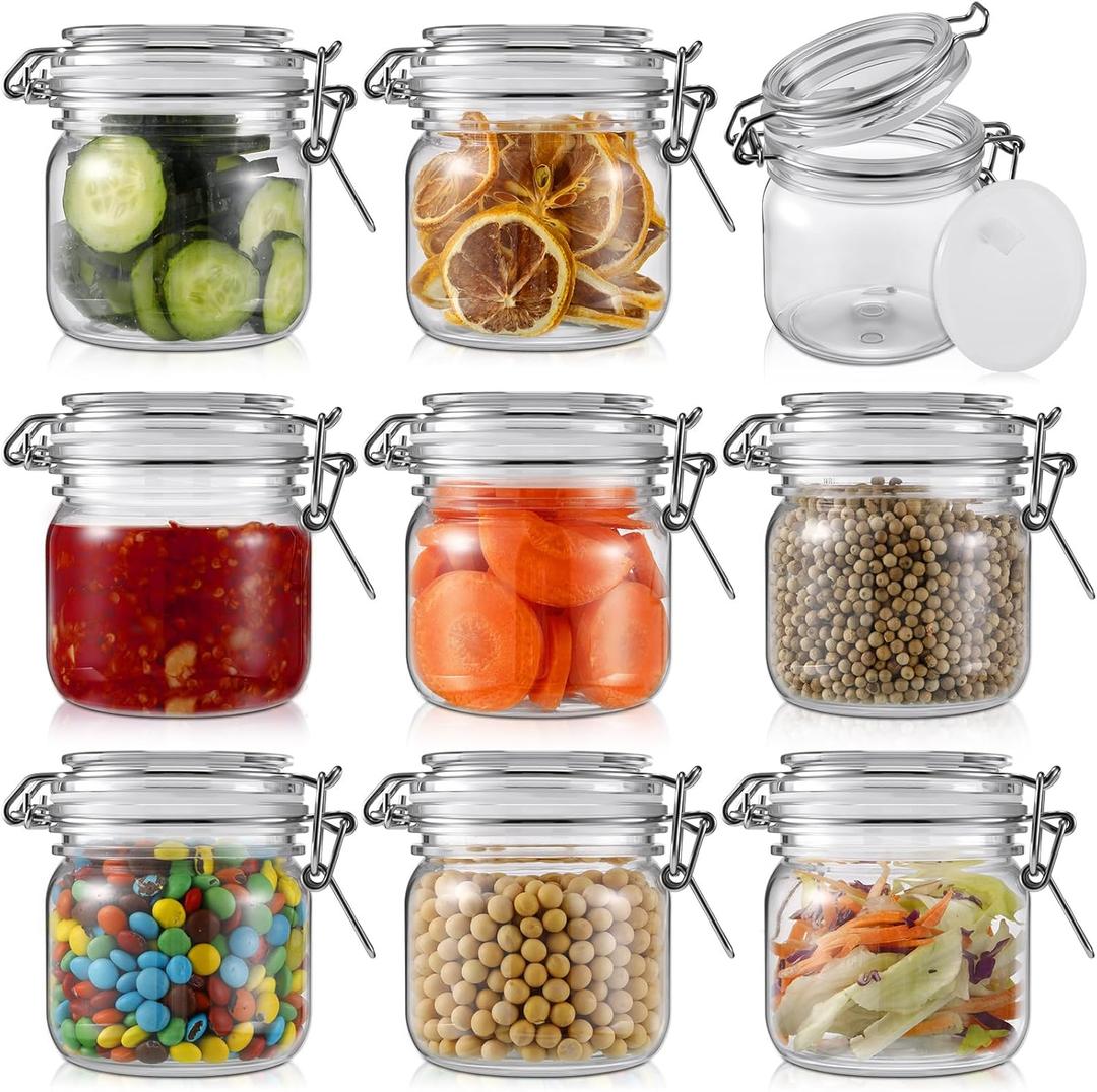 Suclain Plastic Storage Jars with Airtight Hinged Lids, Clear Wide Mouth Food Storage Containers Empty Bottles Sealed Jars for Home Kitchen Candy Herbs Spices Coffee Nuts (8 Pcs, 10 Oz/300ml)