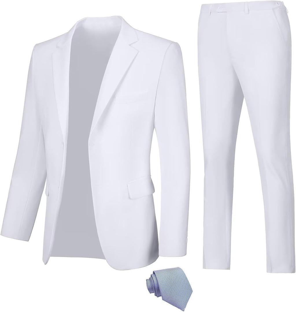 Men Suit Slim Fit 2 Piece Solid 2 Button Business Suits Blazer Wedding Prom Tuxedo for Men Suit Jacket Pants with Tie (XX-Large, White)