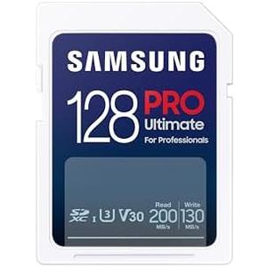 Samsung PRO Ultimate Full Size 128GB SDXC Memory Card, Up to 200 MB/s, 4K UHD, UHS-I, C10, U3, V30, A2, for DSLR, Mirrorless Cameras, PCs, MB-SY128S/AM