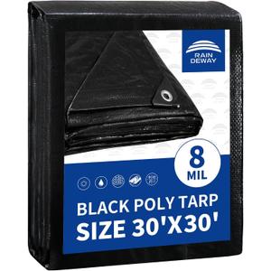 RAINDEWAY Large Tarp 30x30, 8 Mil Thick, Black Tarps Heavy Duty Waterproof, UV Resistant, Cover with Metal Grommets and Reinforced Edges, Finished Size