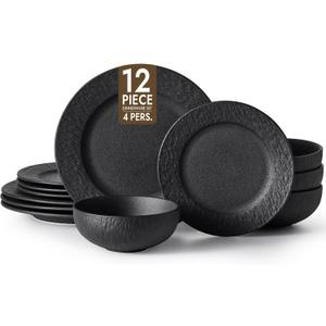 KINGSTONE Black Dinnerware Sets, 12-Piece Matte Marble Pattern Premium Porcelain, Place Setting with Dinner Plate, Salad Plate, Pasta Bowl, Microwave and Dishwasher Safe