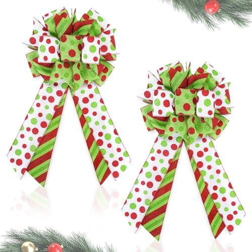 2 Pack Red Green Christmas Bows for Wreaths, Pre-Assembled 10 x 18 Inch Large Christmas Tree Topper Bow Ribbon Xmas Decorations Glitter Polka Dots Ornaments for Trees Garlands Indoor Outdoor Decors