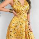 Casual Sleeveless Summer Dresses for Women | Floral Sundress, Wrap V-Neck, Elastic Waist with Pockets, Fit and Flare A-Line Design for Vacation, Beach, Casual Wear (XL)