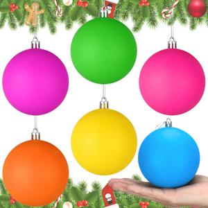 6 Pcs 4 Inches Large Neon Christmas Balls Ornaments Colored Shatterproof Baubles Bright Christmas Tree Decoration Fluorescence Plastic Hanging Balls Ornaments for Xmas Holiday Party Home