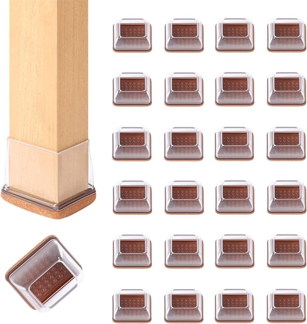 Small Square Silicone Chair Leg Floor Protectors with Wrapped Felt, Clear Furniture Leg Caps, Anti Scratch Anti-Noise, 24 Pcs (Fit: 0.5" - 0.75").