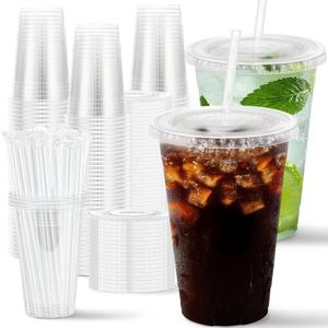 100 Pack 16 oz Disposable Plastic Cups with Lids and Straws, Clear Party Coffee Cups for Cold Beverages, Smoothies, Iced Coffee, and Leak-Proof, BPA-Free