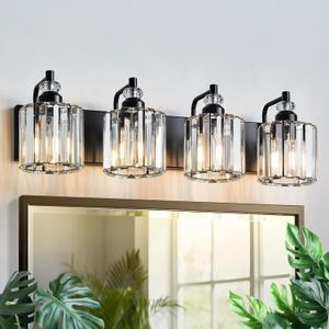 4-Light Black Bathroom Light Fixtures Over Mirror Modern Vanity Lights Crystal Wall Sconce Vintage Bathroom Lighting with Crystal Shade E26 Base for Bedroom, Living Room, Hallway