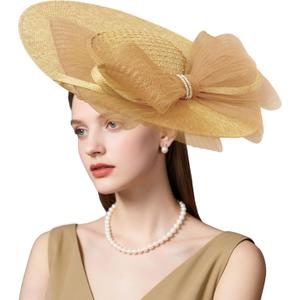 dressfan Wide Brim Fascinator Hats for Women,20s Linen Rhinestones Bow Big Hat for Derby Church Wedding Tea Party