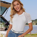 GRACE KARIN Womens Lace Sleeve Sweater Dressy Lightweight Crewneck Sweater Shirts Pleated Business Sweater Top (2 XL, White)