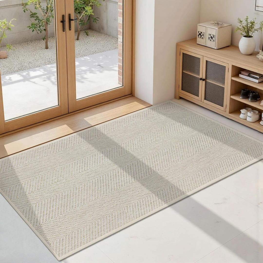 Ultra Thin Indoor Door Mat 24"x47", Washable Door Mat Indoor Entrance, Non Slip Rubber Backing Doormat Low-Profile Inside Entryway Mat, Unique Herringbone Design Entry Mat, Khaki (FOLD)