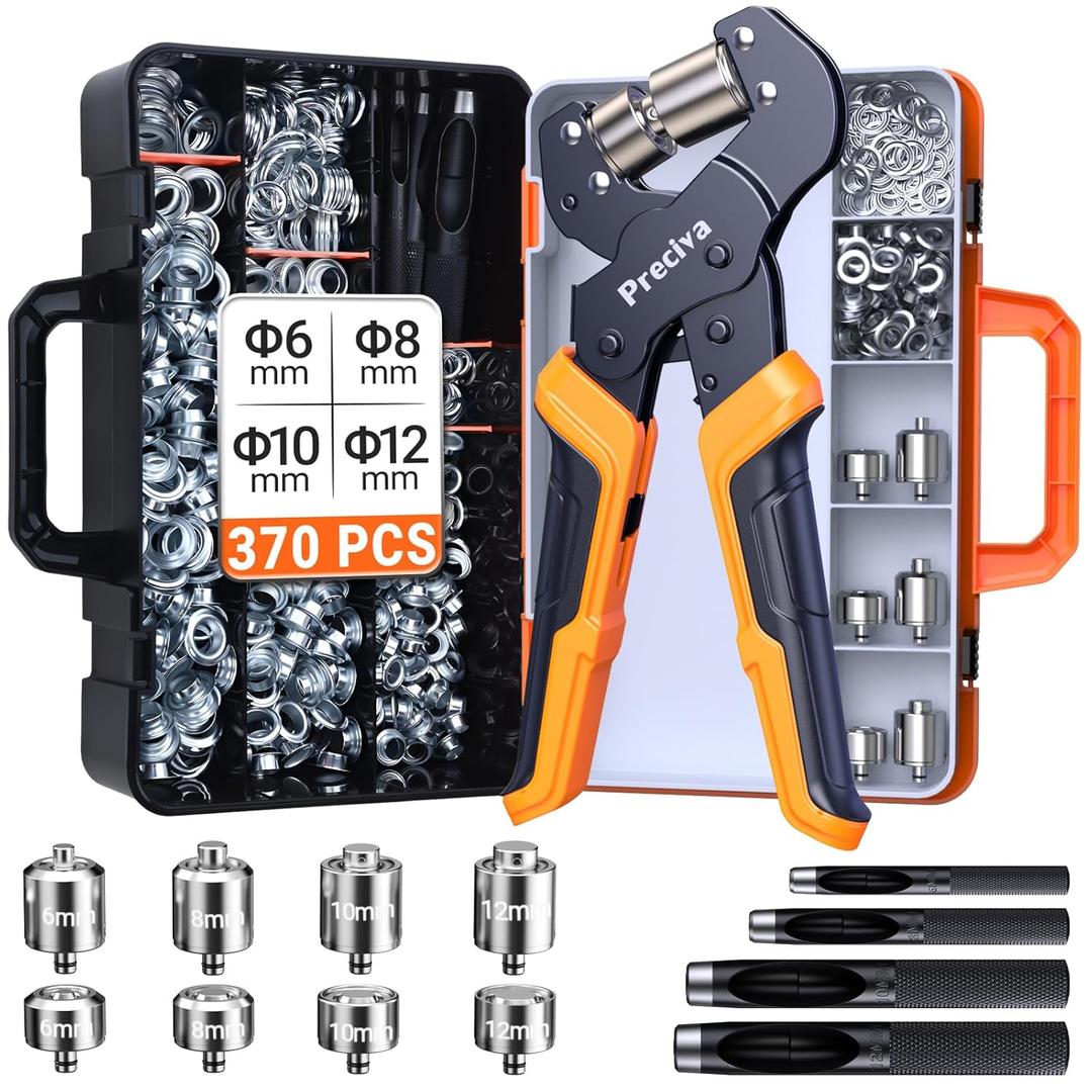 Preciva 4-Size Grommet Tool Kit - 1/2" 1/4" 5/16" 3/8" Hole Punch & Eyelet Setting Tool with 370Pcs Grommets | Handheld Eyelet Plier for Tarps, Tents, Canvas, Vinyl & Leather Crafting