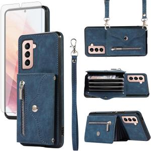 Phone Case for Samsung Galaxy S21 5G 6.2 inch Wallet Cover with Tempered Glass Screen Protector and Wrist Crossbody Strap Lanyard Credit Card Holder Stand Shoulder Slot Leather S 21 21S G5 Blue