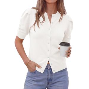 Saodimallsu Womens Puff Short Sleeve Cardigan Sweater Lightweight Knit Spring Summer Crew Neck Button Down Tops White (White, L)