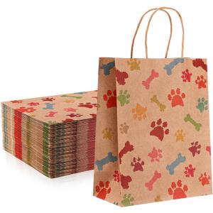 Locmeo 50 Pcs Puppy Dog Paw Print Gift Bags with Handles - 10.6 x 8.3 x 4.3 Inch Kraft Paper Bags for Pet Treat Party Favor Birthday Gift (Yellow)