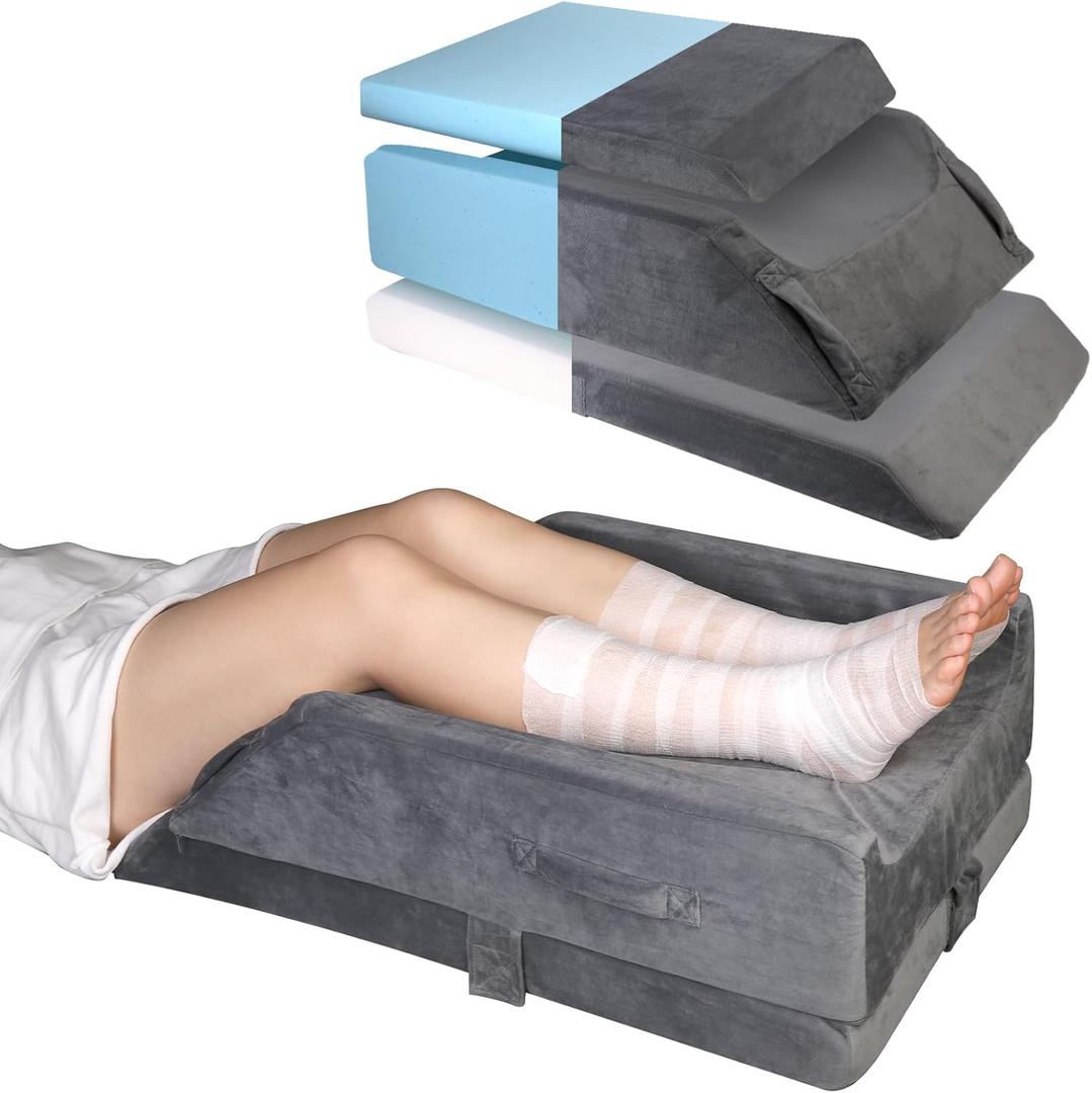 CIVJET 3-Height Adjustable Leg Elevation Pillows After Surgery - Memory Foam Support for Both Legs, Knee & Ankle Wedge for Swelling & Circulation, Removable Washable Velvet Cover