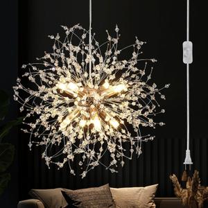 Plug in Pendant Light Fixtures,8 Lights Gold Modern Crystal Firework Chandeliers,Hanging Lights with Plug in Cord 17.06ft&Switch,Dandelion Starburs Chandeliers for Bedroom Living Dining Room
