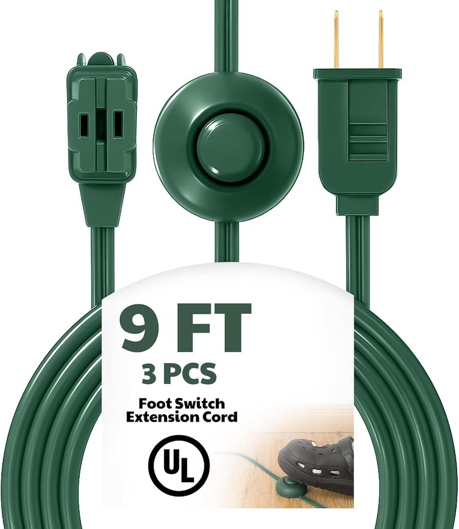 9FT Extension Cord Pack of 3 Pieces, 3 Outlets Power Cord with Hand/Foot Switch Ungrounded Power Strip, On/Off Switch for Christmas Lamps and Holiday Lights, Green