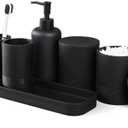 6-Piece Bathroom Accessories Set, Organizer Set with Soap Dispenser, Toothbrush Holder Set, Vanity Tray, Tumbler & 2 Cotton Swab Jars – Modern Stylish Bathroom Storage(Matte Black)