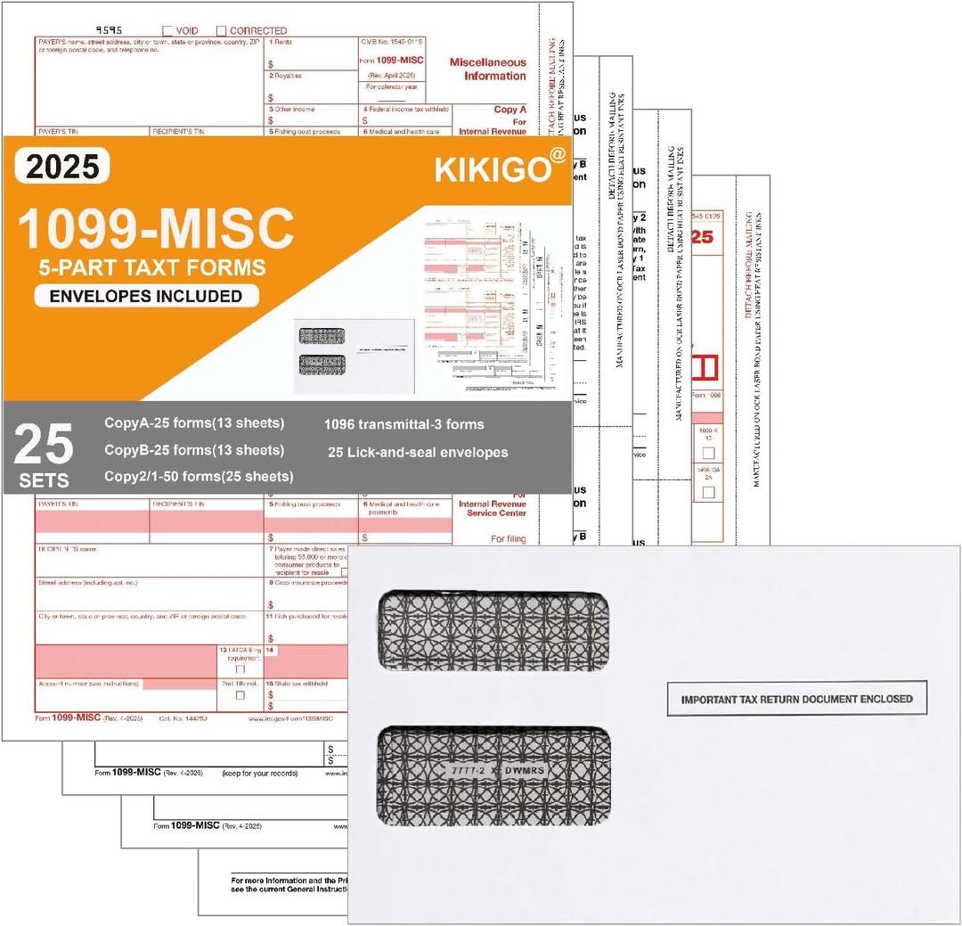 1099 MISC Forms 2025 with Envelopes,25 Vendor Kit of Laser Forms,Compatible with QuickBooks and Accounting Software