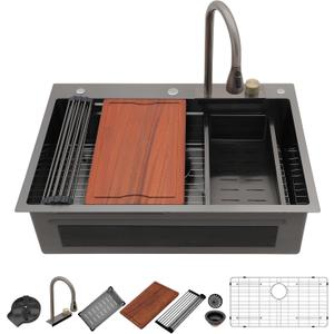 Dcolora 30 In. Drop In Black Waterfall Smart Kitchen Sink Single Bowl Workstation, 16 Gauge 304 Stainless Steel with Faucet & Cup Washer, 30"x22"x10" #DC-SFDOE00002