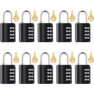 Kenning 10 Pcs Combination Padlock 4 Digit Combination Lock with Keys Locker Resetable Security Outdoor Waterproof Gate Lock for School Sports Gym Locker Employee Fence Case (Black)