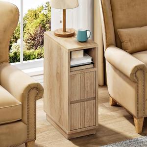CHOEZON 8.7" Narrow Fluted Nightstand, Small Bedside Table with Drawers, Skinny Side Table, Modern Nightstand with 1 Semi-Open Shelf, Floating End Table, for Living Room, Bedroom, Natural MBZ12NL