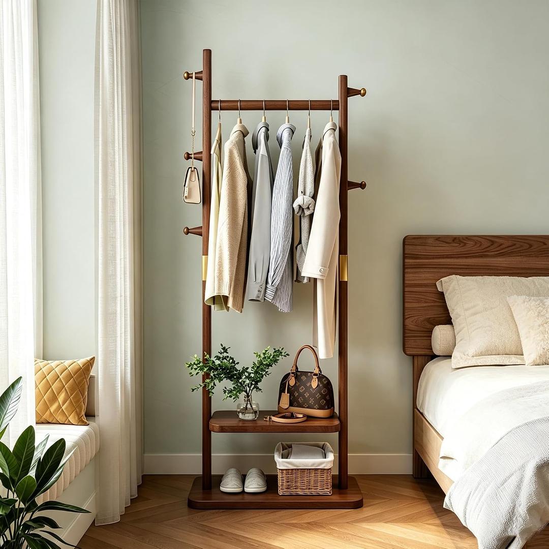 SOBIBO Wood Coat Rack Freestanding with Shelves & Hooks, 23.6inch, Walnut