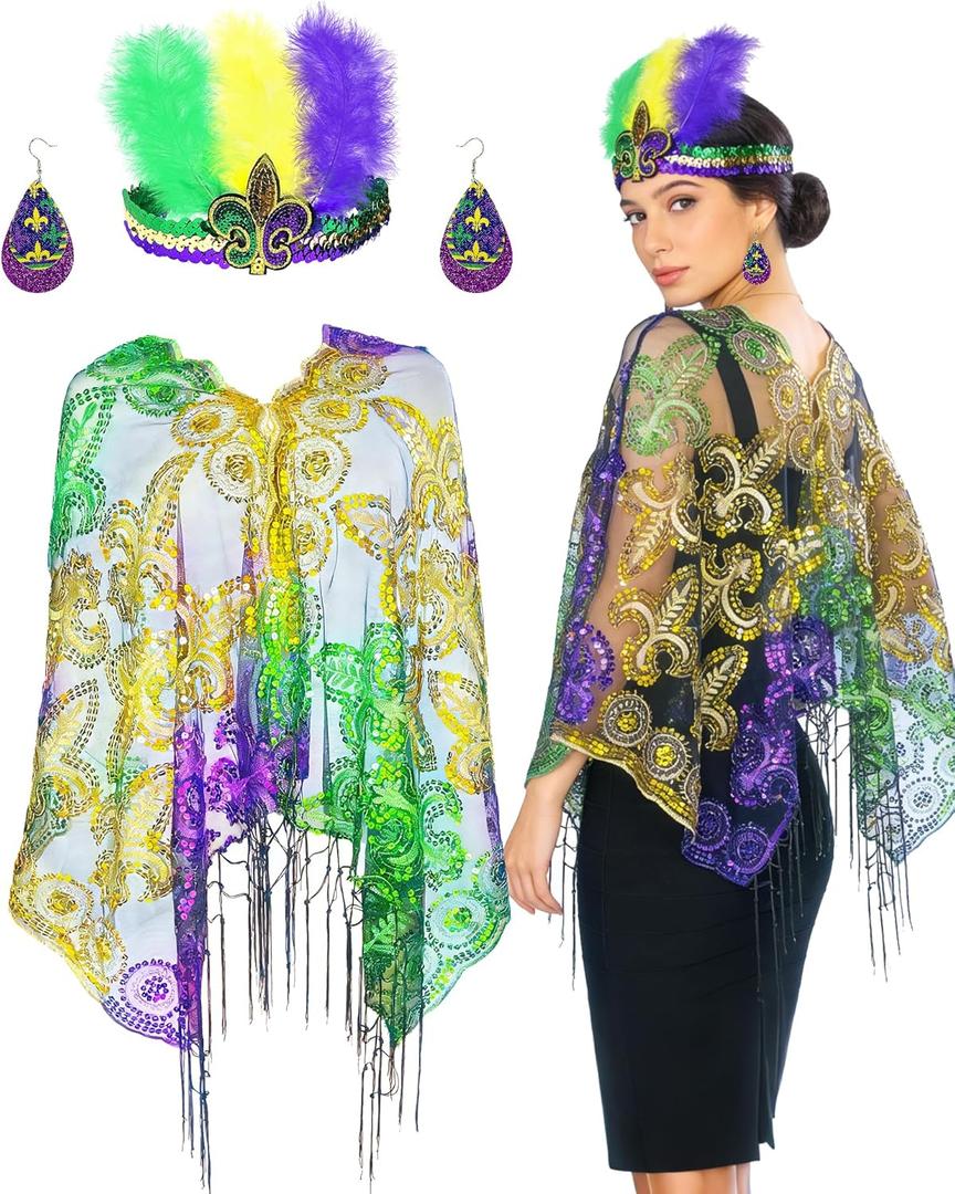 QLINLEAF Mardi Gras Shawl Scarf Costume Accessories Mardi Gras Outfit for Women Sequin Headband Poncho and Earrings Canival Party Favor