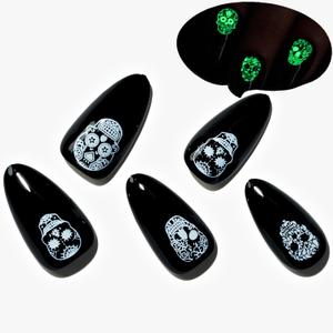 GLAMERMAID Gothic Black Press on Nail Medium Almond, Handmade Jelly Gel Fake Nail with Skull Design, Luminous Glue on Nail Short Oval, Reusable Acrylic Stiletto Stick on False NailS Kit for Women