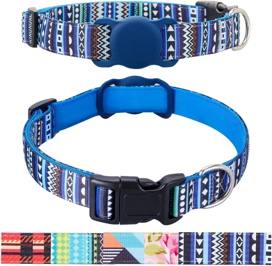 AirTag Dog Collar for Small Medium Large Dogs, Animire Soft Neoprene Padded Pet Cat Collar, Polyester Puppy Collar with Silicone Air Tag Case Holder Accessories, 10''-16'' Neck (Bohemia Navy)