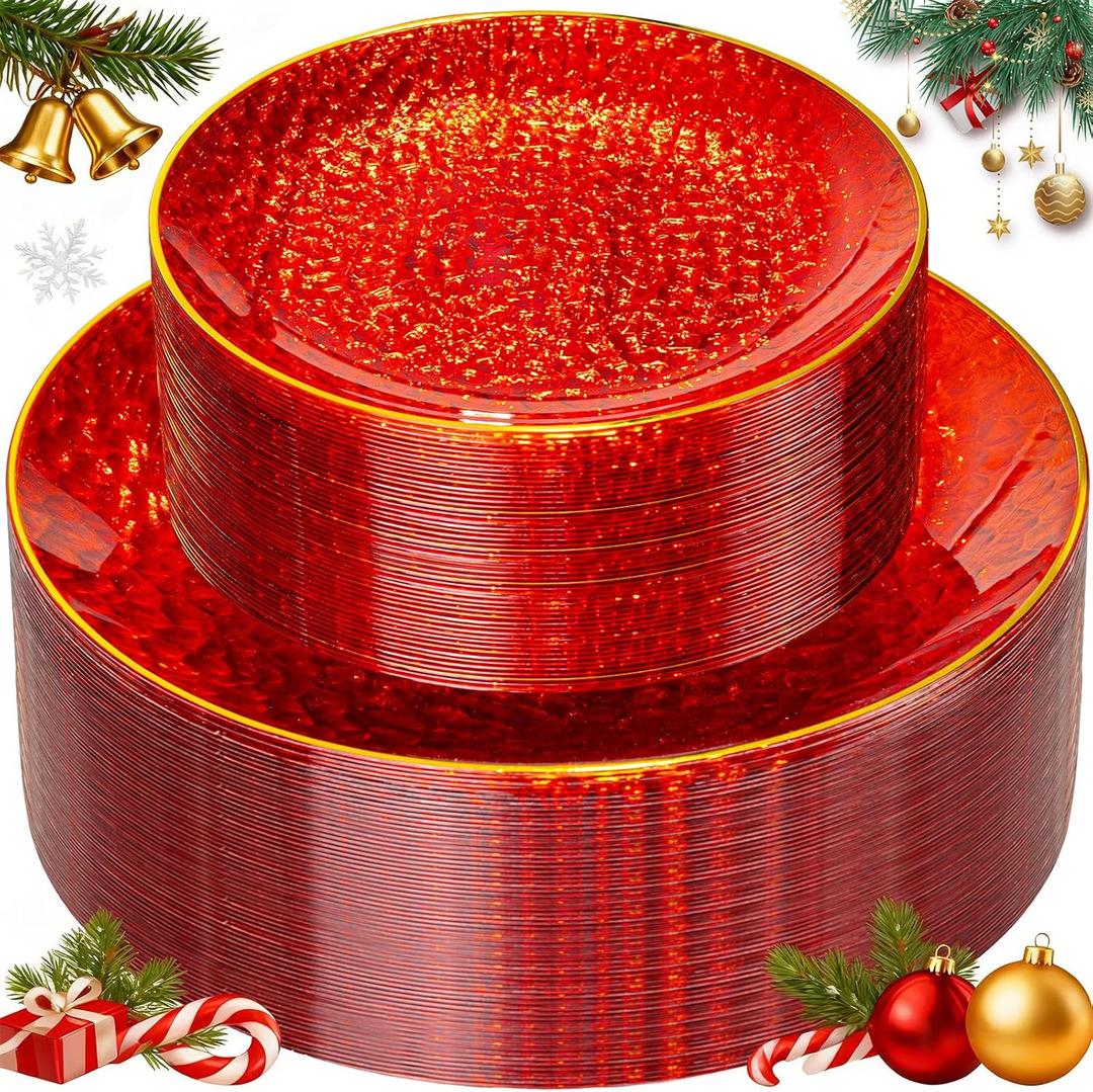 Rubtlamp 60 Pcs Red Plasitc Plates, Gold Red Disposable Plates, Fancy Party Plates, Hammered Plastic plates Include 30 Dessert Platos, 30 Dinner Platos for Party, Thanksgiving&Christmas