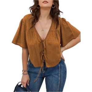 SHENHE Women's Plus Size Tie Front Tops Flounce Sleeve Deep V Neck Crop Casual Blouse Top (Brown, XXL)