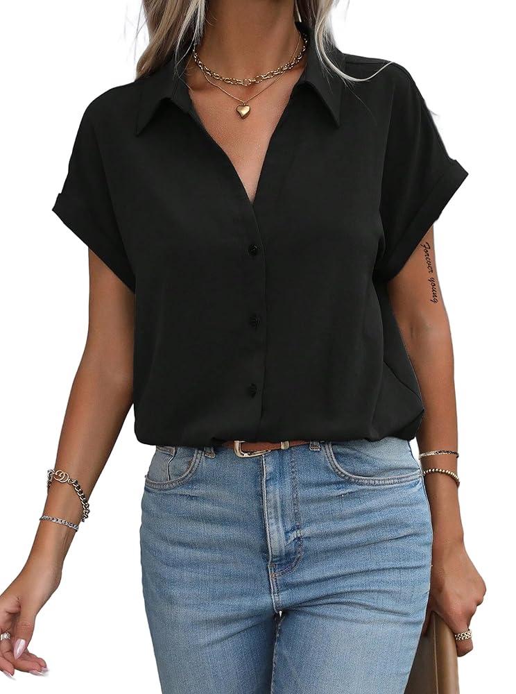 Avanova Women Button Down Short Sleeve Shirt Blouse V Neck Work Business Top, XL, Black