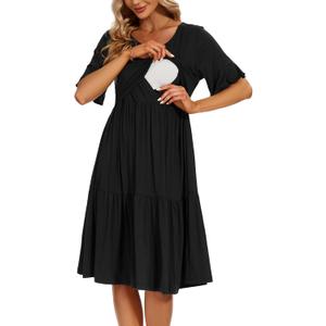 Smallshow Women's Maternity Nursing Dress Ruffle Short Sleeve Breastfeeding Clothes (XX-Large, Black)