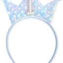 Blue 1th Birthday Headband - Tiara First Birthday Decorations, Glitter Sequin Crown Headband, Pearls Hair Accessories