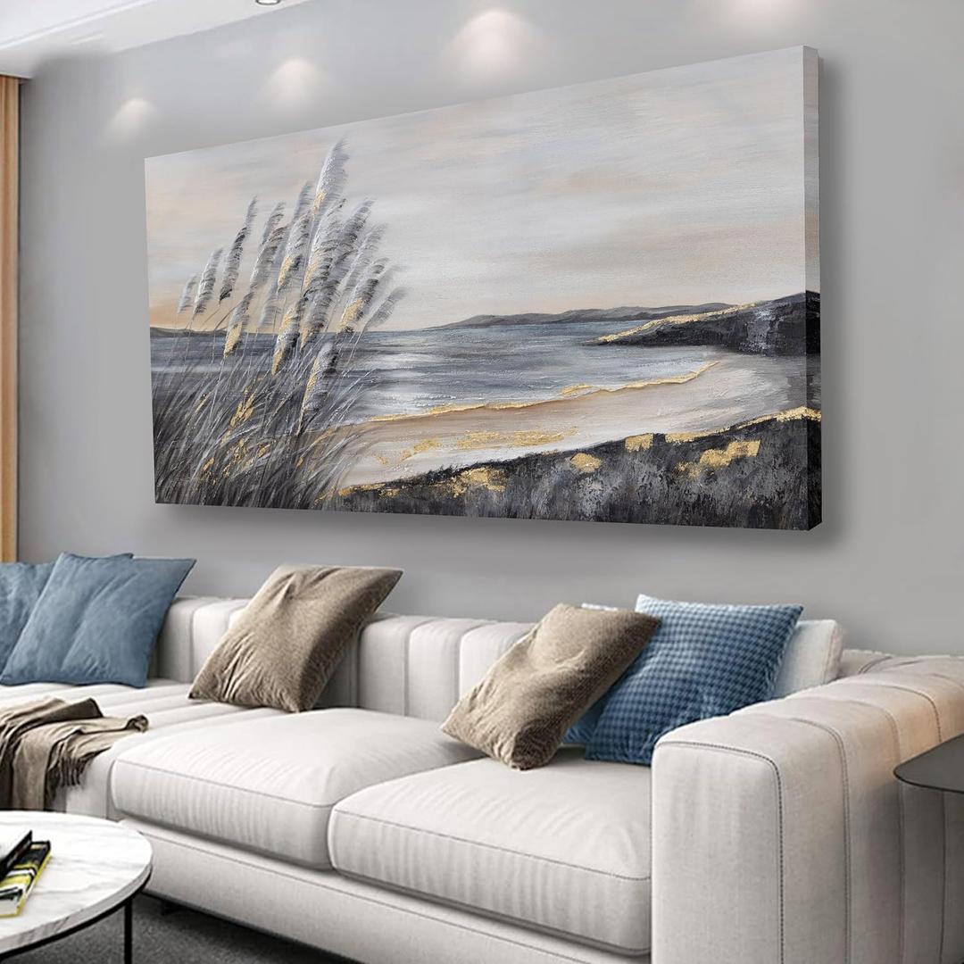 Yuaxker Ocean Wall Art Grey and Gold Ocean Art Wall Decor Canvas Painting Modern Minimalist Canvas Painting for Living Room, Bedroom, Dining Room Office Home Decor Artwork 24x48 inch
