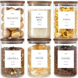 Set of 6 Glass Pantry Jars with Acacia Wood Lids, 32oz Airtight Pantry Storage Containers with 105 Labels, Glass Kitchen Canisters for Coffee, Tea, Sugar, Pasta