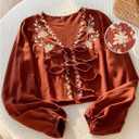 SHENHE Women's Fall Linen Peasant Blouse Tie Front Long Sleeve Floral Embroidered Top Shirt (Brown, S)