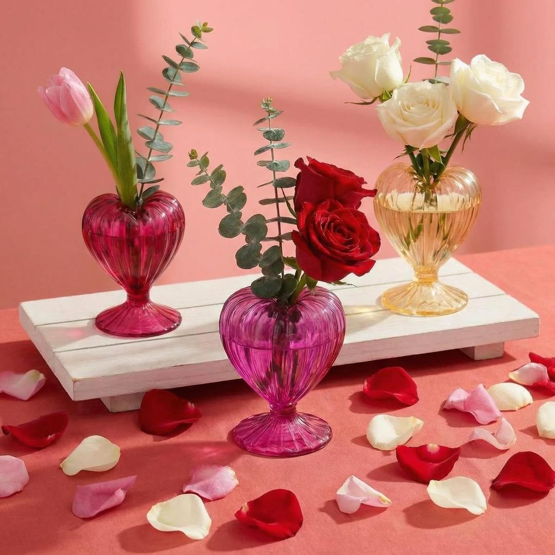 Valentines Heart Shaped Glass Vase for Flowers Red Rose Champagne Transparent Flower Vases Table Centerpiece Decor Valentines Gifts for Women Table Living Room Office House Decoration, Multicolor