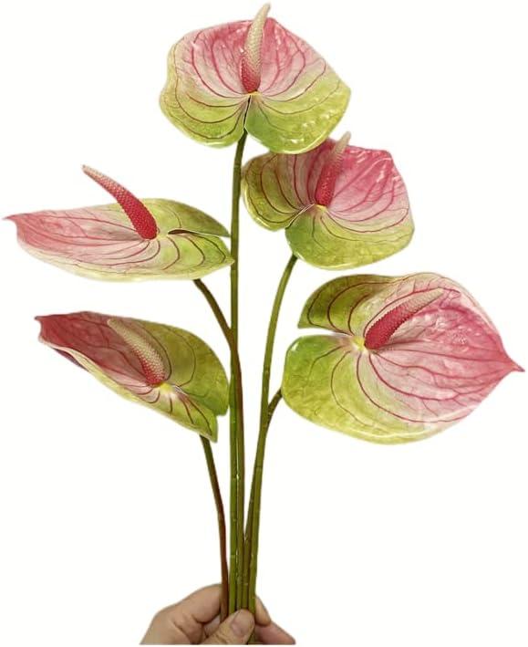Rikyo 5 Pc 24inch/61cm Artificial Anthurium Lily Flowers Permanent for Home Decor Bouquet and Green Leaf for Bridal Wedding Festival Party,Store Decor Small Flower Bouquet Accessories (Pink-1)