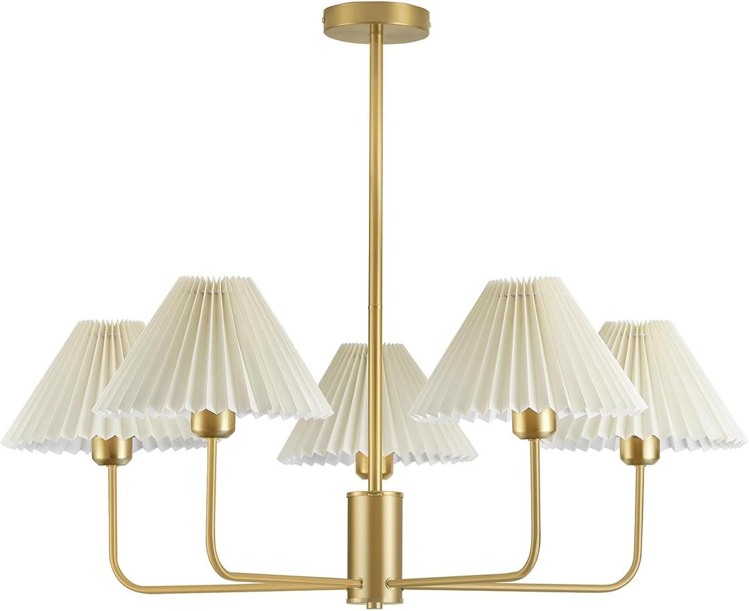 Gold Chandelier Light Fixture, 5-Lights Mid Century Chandelier with Shades for Dining Room Light Fixture, Adjustable Height White Pleated Farmhouse Pendant Light for Bedroom Ceiling Lamp