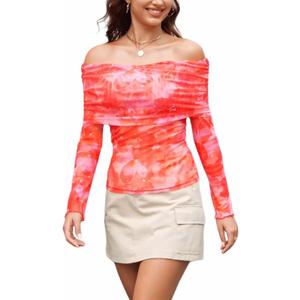 ZAFUL Women's Sexy Off The Shoulder Mesh Tops Sheer Stretchy Shirts Party Going Out Blouse (S)