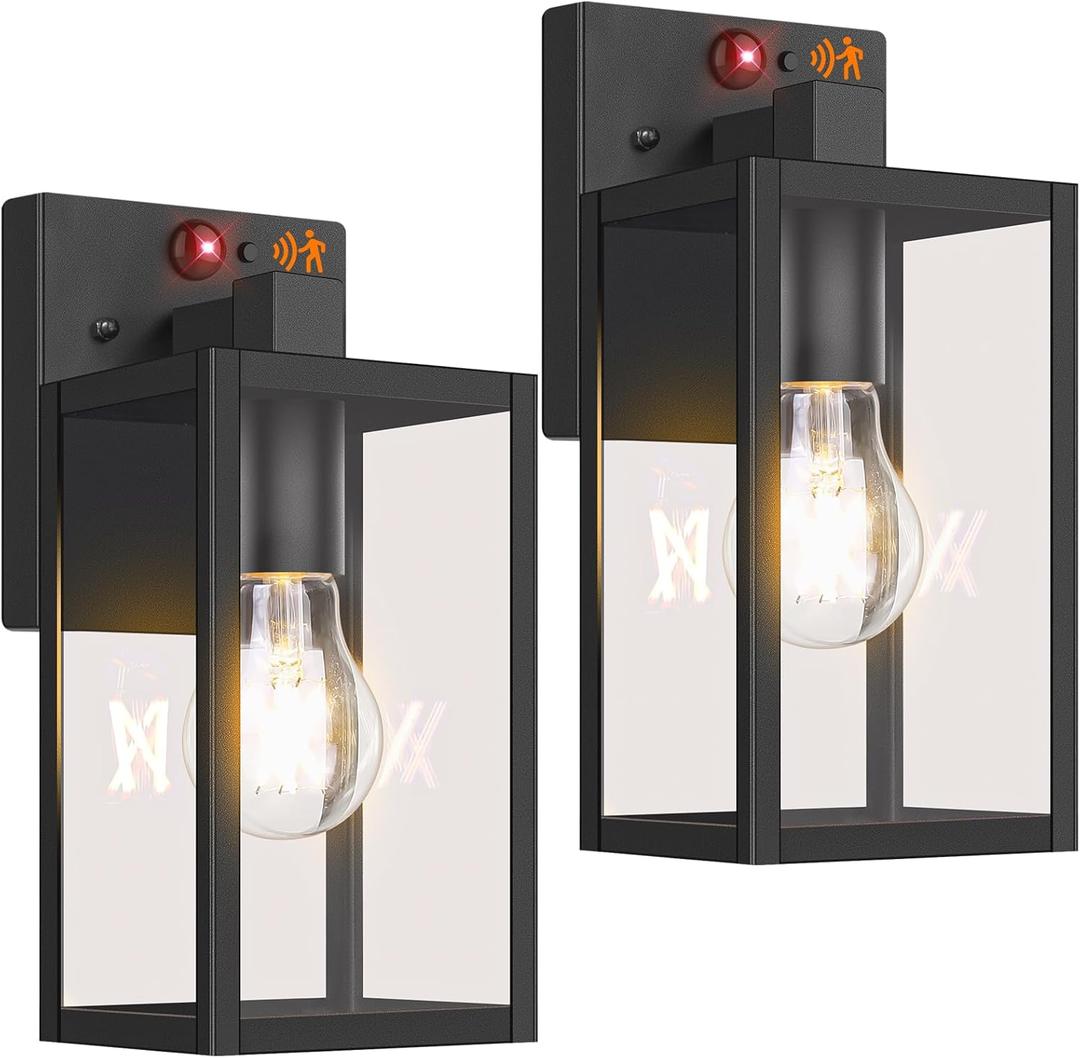 2-Pack Upgraded Motion Sensor Outdoor Wall Lights, 10.6 Small Dusk to Dawn Porch Lights Wall Sconce Lanterns, 3 Lighting Modes Exterior Lighting Fixtures, Black Outside Lights for House Front Door