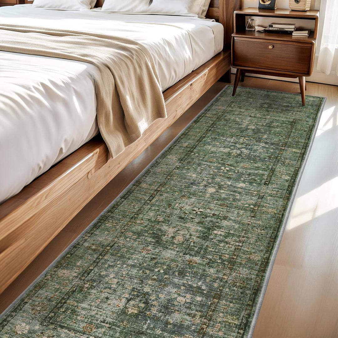 Washable Runner Rug 2x8 Feet Non Slip Low-Pile Entryway Runner, Distressed Ultra-Thin Indoor Carpet Bedside Rug, Green